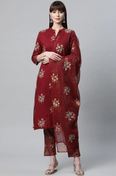 Sunrise Collection Maroon Rayon Kurta Pant Set with kota doria Dupatta