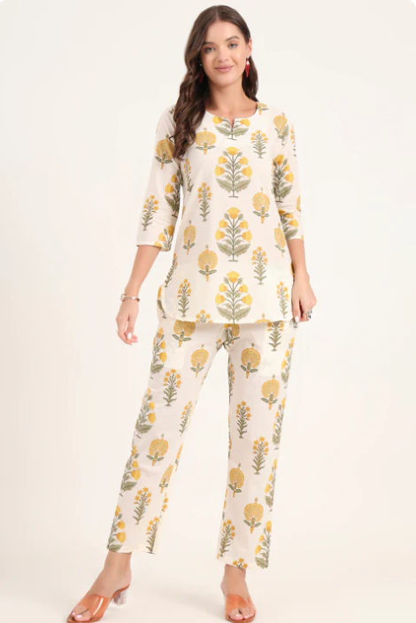Sunrise Cream Printed Cotton Night Suit Sets