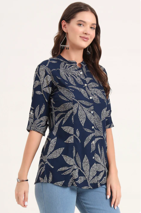 Sunrise Collection Navy Blue Rayon Rollup Sleeves A-Line Top