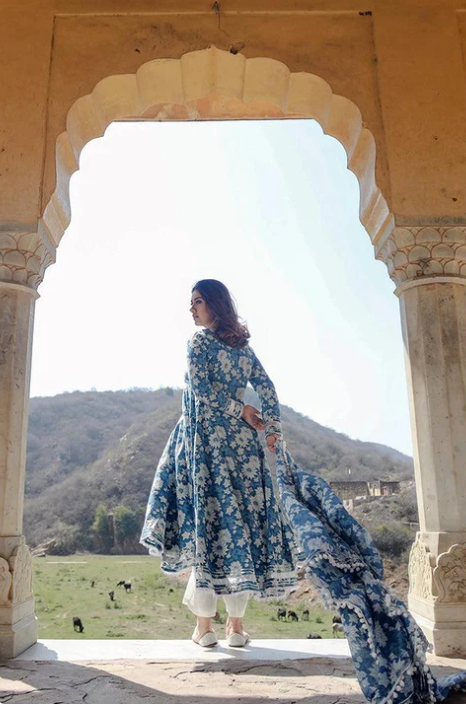Sunrise Collection Indigo Blue Cotton Anarkali Kurta Pant Set With Dupatta