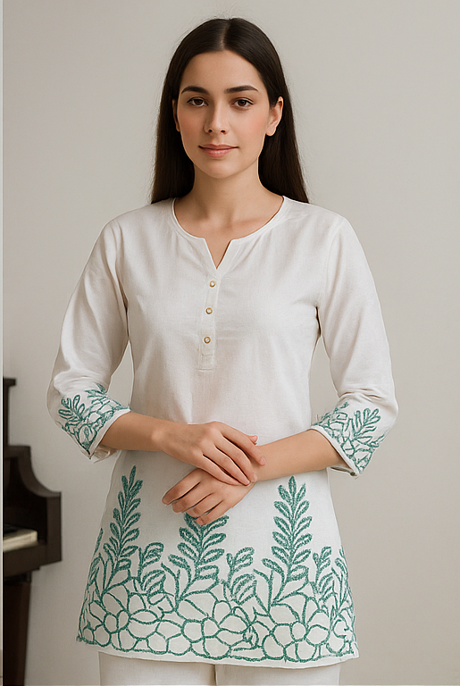 Sunrise Collection Elegant White Floral Pure Cotton Co-ord Set