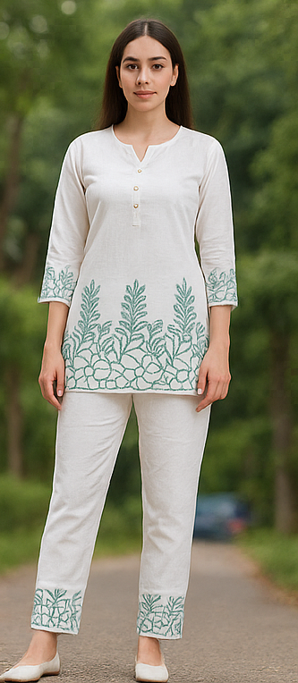 Sunrise Collection Elegant White Floral Pure Cotton Co-ord Set